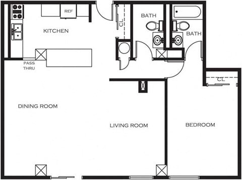 Floor plan for 1 bed, 1.5 baths, 1000 sqft